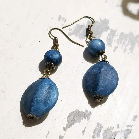 Rustic Bronze Metal Mottled Blue Lightweight Acrylic Handcrafted Dangle Earrings - Picture 3 of 5